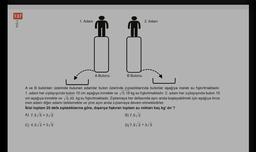 137
1. Adam
2. Adam
MUGLA
A Butonu
B Butonu
A ve B butonları üzerinde bulunan adamlar buton üzerinde zıpladıklarında butonlar aşağıya inerek su fışkırtmaktadır.
1. adam her zıplayışında buton 10 cm aşağıya inmekte ve 0,18 kg su fışkırtmaktadır. 2. adam her zıplayışında buton 15
cm aşağıya inmekte ve 0,45 kg su fışkırtmaktadır. Zıplamaya her defasında aynı anda başlayabilmek için aşağıya önce
inen adam diğer adamı beklemekte ve yine aynı anda zıplamaya devam etmektedirler.
İkisi toplam 25 defa zıpladıklarına göre, dışarıya fışkıran toplam su miktarı kaç kg' dir ?
A) 7,5/5 +32
B) 7,5/2
C) 4,5,2+315
D) 7,5/2+3/5
