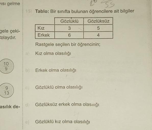 Isi gelme
SS
15) Tablo: Bir sınıfta bulunan öğrencilere ait bilgiler
Gözlüklü
Gözlüksüz
Kiz
3
5
gele çeki-
olaydır.
Erkek
6
4
Rastgele seçilen bir öğrencinin;
Kız olma olasılığı
10.
9
Erkek olma olasılığı
Gözlüklü olma olasılığı
9
13
Gözlüksüz erkek olma o