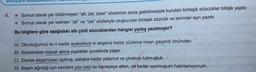 4.
* Somut olarak yer bildirmeyen "alt, üst, üzeri" sözlerinin sona getirilmesiyle kurulan birleşik sözcükler bitişik yazılır.
* Somut olarak yer belirten "alt" ve "üst” sözleriyle oluşturulan birleşik sözcük ve terimler ayrı yazılır.
Bu bilgilere göre aşağıdaki altı çizili sözcüklerden hangisi yanlış yazılmıştır?
A) Oturduğumuz ev o kadar ayakaltıydı ki akşama kadar yüzlerce insan geçerdi önünden.
B) Köstebekler toprak altına yaptıkları yuvalarda yaşar.
C) Denize akşamüzeri açılmış, sabaha kadar palamut ve çinekop tutmuştuk.
D) Başım ağrıdığı için kendimi yüz üstü bir kanepeye attım, ne kadar uyumuşum hatırlamıyorum.
