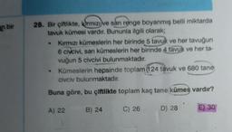 an bir
28. Bir çiftlikte, kirmizi ve san renge boyanmış belli miktarda
tavuk kümesi vardır. Bununla ilgili olarak;
Kırmızı kümeslerin her birinde 5 tavuk ve her tavuğun
6 civcivi, sarı kümeslerin her birinde 4 tavuk ve her ta-
vuğun 5 civcivi bulunmaktadır.
Kümeslerin hepsinde toplam (124 tavuk ve 680 tane
civciv bulunmaktadır.
.
Buna göre, bu çiftlikte toplam kaç tane kümes vardır?
A) 22
B) 24
C) 26
D) 28
E) 30
