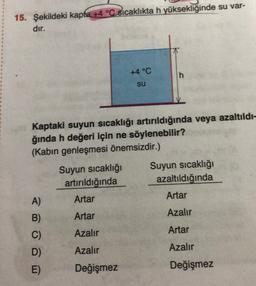 15. Şekildeki kapta +4 °C sıcaklıkta h yüksekliğinde su var-
dır.
+4 °C
h
su
Kaptaki suyun sıcaklığı artırıldığında veya azaltıldı-
ğında h değeri için ne söylenebilir?
(Kabin genleşmesi önemsizdir.)
Suyun sıcaklığı
artırıldığında
Artar
Suyun sıcaklığı
azaltıldığında
Artar
A)
B)
Artar
Azalır
C)
Azalır
Artar
Azalır
Azalır
D)
E)
Değişmez
Değişmez