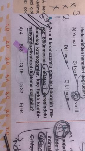 ifadelerinden hangileri dogrudur?
ve III
x 3
B) I ve II
A) Yalnız!
ww
X 2 2.
E) I, II ve II.
D) II ve IH
ml
şağıd
inde k
9
ihtimal
A kene
2n = 6 kromozomlu olan bir hücrenin ma-
yoz bölünmesinin metafaz l evresindeki
homolog kromozomlar, kaç farklı kombi-
