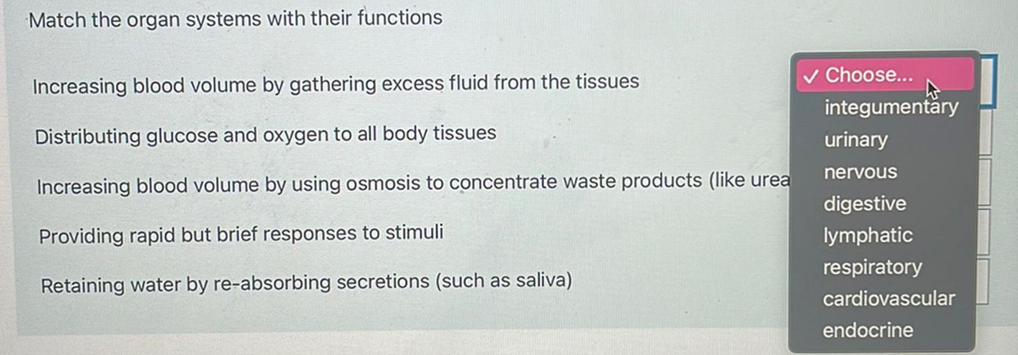 Match the organ systems with their functions
Increasing blood volume by gathering excess fluid from the tissues
✓ Choose...
integumentary
Distributing glucose and oxygen to all body tissues
urinary
Increasing blood volume by using osmosis to concentrate waste products (like urea
nervous
digestive
Providing rapid but brief responses to stimuli
lymphatic
Retaining water by re-absorbing secretions (such as saliva)
respiratory
cardiovascular
endocrine