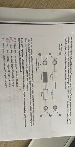 3.
Fen Bilimleri dersinde “DNA ve Genetik Kod” konusunu işleyen Veysel Öğretmen öğrencilerine rastgele sayılarda
düğme, raptiye ve dört farklı renkte kartlardan dağıtmıştır. Daha sonra tahtaya aşağıdaki DNA modelini çizerek
dağıttığı malzemelerin anlamları