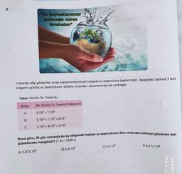 3.
Su kaynaklanmizi
geleceğe miras
bırakalım”
Yukarıda afişi gösterilen proje kapsamında birçok bölgede su tasarrufuna başlanmıştır. Aşağıdaki tabloda 3 farklı
bölgenin günlük su tasarrufunun kilolitre cinsinden çözümlenmiş hali verilmiştir.
Tablo: Günlük Su Tasarrufu
Bölge
Bir Günlük Su Tasarruf Miktarı (kl)
A
2.103 + 1.102
3.103 + 7.102 + 8.101
C
4.103 + 8.102 + 3.101
Buna göre, 30 gün sonunda bu üç bölgedeki toplam su tasarrufunun litre cinsinden bilimsel gösterimi aşa-
ğıdakilerden hangisidir? (1 kl = 1000 L)
C) 3,4.107
D 3,213.108
B) 2,9.109
A) 2,875.106
TE 9 PRO
CAMERA