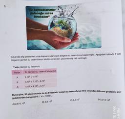 3.
Su kaynaklanmizi
geleceğe miras
bırakalım”
Yukarıda afişi gösterilen proje kapsamında birçok bölgede su tasarrufuna başlanmıştır. Aşağıdaki tabloda 3 farklı
bölgenin günlük su tasarrufunun kilolitre cinsinden çözümlenmiş hali verilmiştir.
Tablo: Günlük Su Tasarrufu
Bölge
Bir Günlük Su Tasarruf Miktarı (kl)
A
2.103 + 1.102
3.103 + 7.102 + 8.101
C
4.103 + 8.102 + 3.101
Buna göre, 30 gün sonunda bu üç bölgedeki toplam su tasarrufunun litre cinsinden bilimsel gösterimi aşa-
ğıdakilerden hangisidir? (1 kl = 1000 L)
C) 3,4.107
D 3,213.108
B) 2,9.109
A) 2,875.106
TE 9 PRO
CAMERA
