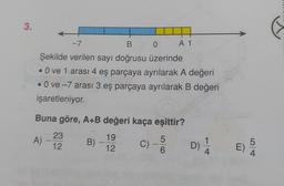 3.
-7
B
0
A 1
Şekilde verilen sayı doğrusu üzerinde
• O ve 1 arası 4 eş parçaya ayrılarak A değeri
• Ove -7 arası 3 eş parçaya ayrılarak B değeri
işaretleniyor.
-
Buna göre, A+B değeri kaça eşittir?
23
A)
-
B)
12
19
12
c)-S
C)
5
6
D)
1
4
5
E)
4
