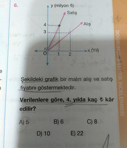 6.
A y (milyon t)
Satış
4
Alış
3
→X (Y11)
1
2.
DOGRUNUN ANALİTİK İNCELENMESI
Şekildeki grafik bir malın alış ve satış
fiyatını göstermektedir.
7
Verilenlere göre, 4. yılda kaç t kâr
edilir?
A) 5
B) 6
C) 8
D) 10
E) 22
