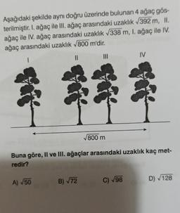 4
Aşağıdaki şekilde aynı doğru üzerinde bulunan 4 ağaç gös-
terilmiştir. I. ağaç ile III. ağaç arasındaki uzaklık 1392 m, IL
ağaç ile IV. ağaç arasındaki uzaklık 7338 m, I. ağaç ile IV.
ağaç arasındaki uzaklık 7800 m'dir.
IV
III
II
1
****
800 m
Buna göre, Il ve III. ağaçlar arasındaki uzaklık kaç met-
redir?
B) 72
A) 50
D 128
C) 98
