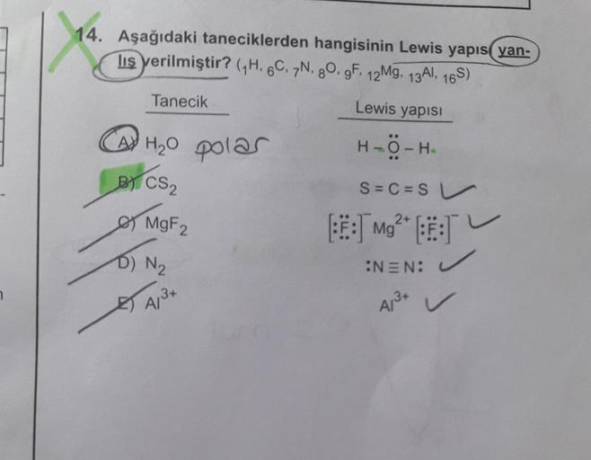 14. Aşağıdaki taneciklerden hangisinin Lewis yapıs yan-
liş verilmiştir? GH, 6C7N, 80.9F 12Mg, 13AI, 165)
Tanecik
Lewis yapisi
H₂O polar
H-O-H.
Bi CS2
S=C = SU
& MgF2
3: Mg2+ 18:14
D) N₂
ONEN:
A/Bx
Art v