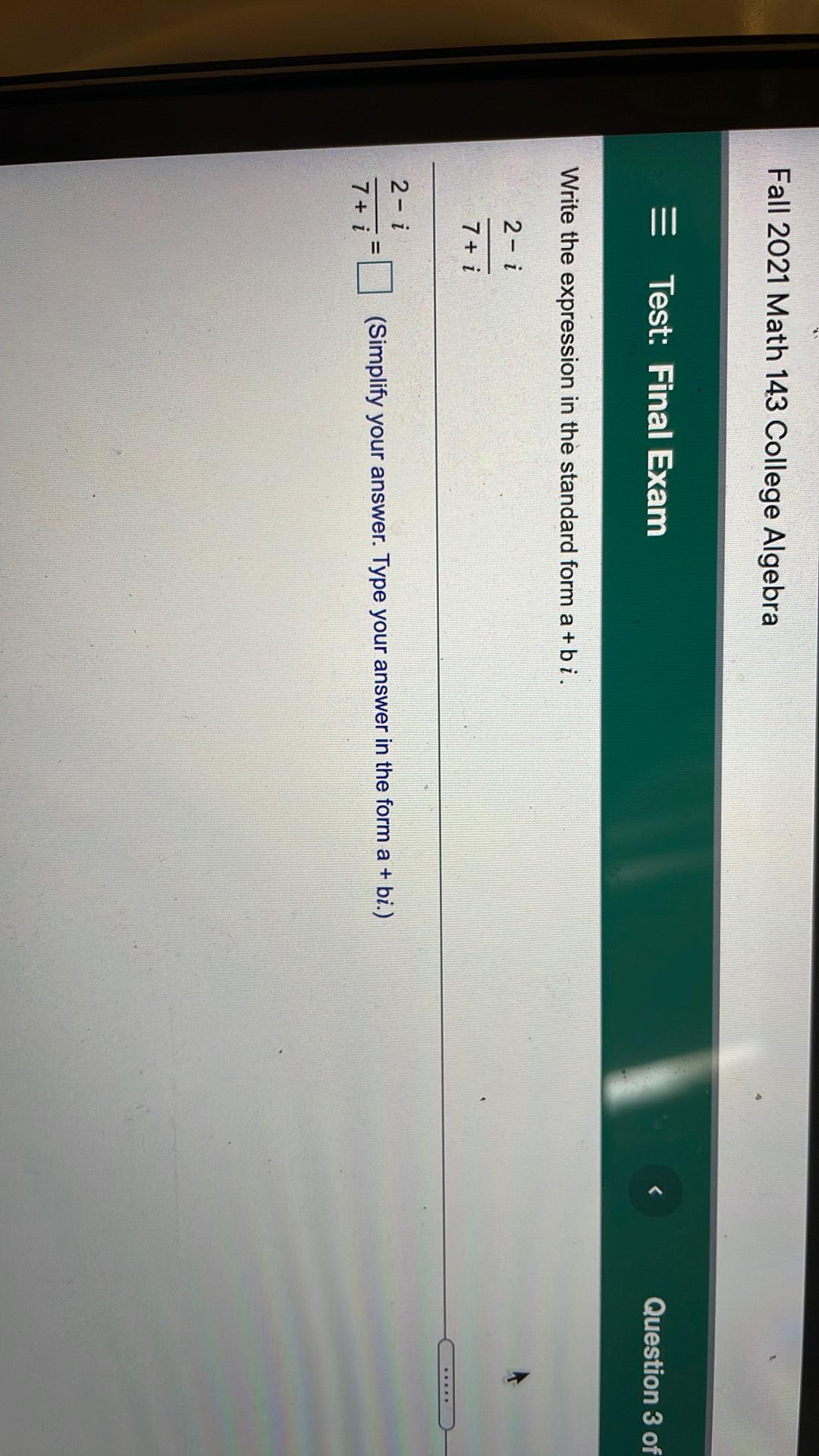 Fall 2021 Math 143 College Algebra Test Final Exam Q Math