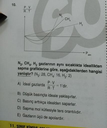 10.
P.V.
R.T
N
2
CHA
H2
P
atm
N2, CH4 Hy gazlarının aynı sıcaklıkta ideallikten
sapma grafiklerine göre, aşağıdakilerden hangisi
yanlıştır? (N2:28, CHA: 16, Hz: 2)
P.V
A) İdeal gazlarda
= 1'dir.
R.T
B) Düşük basınçta ideale yaklaşırlar.
C) Basınç arttıkça 