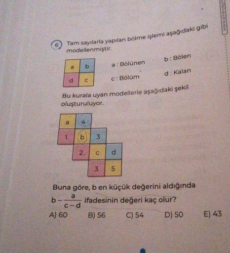 www.sinavyayis
6) Tam sayılarla yapılan bölme işlemi aşağıdaki gibi
modellenmiştir.
b: Bölen
a
b
a: Bölünen
d: Kalan
d
C
C:Bölüm
Bu kurala uyan modellerle aşağıdaki şekil
oluşturuluyor.
a
4
M
1
b
2
C-
d
3
5
Buna göre, b en küçük değerini aldığında
a
b--
if