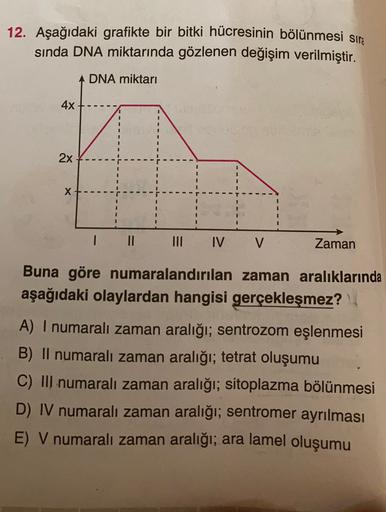 12. Aşağıdaki grafikte bir bitki hücresinin bölünmesi sır:
sında DNA miktarında gözlenen değişim verilmiştir.
DNA miktarı
4x
2x
1
II
III
IV
V
Zaman
Buna göre numaralandırılan zaman aralıklarında
aşağıdaki olaylardan hangisi gerçekleşmez?
A) I numaralı zama