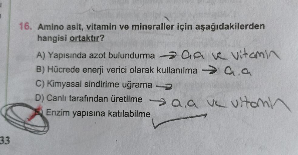 16. Amino asit, vitamin ve mineraller için aşağıdakilerden
hangisi ortaktır?
A) Yapısında azot bulundurma oda ve Vitamin
B) Hücrede enerji verici olarak kullanılma aia
C) Kimyasal sindirime uğrama -
D) Canlı tarafından üretilmeaa ve vitamin
Enzim yapısına