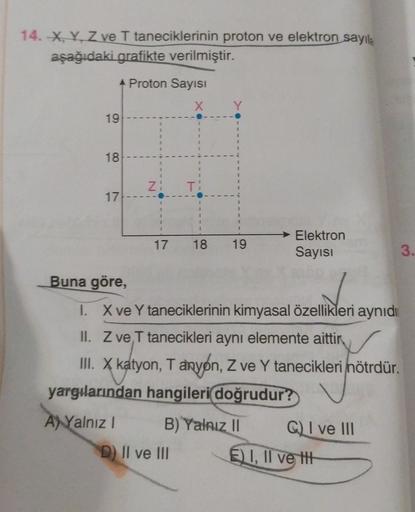 14. X, Y, Z ve T taneciklerinin proton ve elektron sayıla
aşağıdaki grafikte verilmiştir.
Proton Sayısı
X
19
18
NI
:
T!
17
17
18
19
→ Elektron
Sayısı
3.
Buna göre,
1. X ve Y taneciklerinin kimyasal özellikleri aynidiu
II. Z ve T tanecikleri ayni elemente a