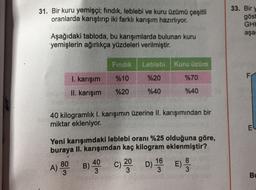 33. Bir y
31. Bir kuru yemişçi; fındık, leblebi ve kuru üzümü çeşitli
oranlarda karıştırıp iki farklı karışım hazırlıyor.
göst
GHH
aşa
Aşağıdaki tabloda, bu karışımlarda bulunan kuru
yemişlerin ağırlıkça yüzdeleri verilmiştir.
Findik
Leblebi Kuru üzüm
%10
%20
F
%70
I. karışım
II. karışım
%20
%40
%40
40 kilogramlık I. karışımın üzerine II. karışımından bir
miktar ekleniyor.
EL
Yeni karışımdaki leblebi oranı %25 olduğuna göre,
buraya II. karışımdan kaç kilogram eklenmiştir?
40
B)
3
80
3
A)
)
c)20 D) 19
8
E)
16
3
3
Bu
