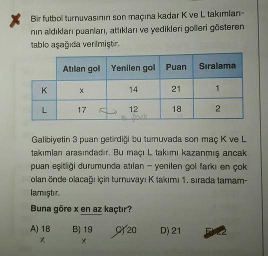 Bir futbol turnuvasının son maçına kadar K ve L takımları-
nin aldıkları puanları, attıkları ve yedikleri golleri gösteren
tablo aşağıda verilmiştir.
Atilan gol Yenilen gol Puan
Sıralama
K
14
X
1
21
L
17
18
2.
12
sade
Galibiyetin 3 puan getirdiği bu turnuv