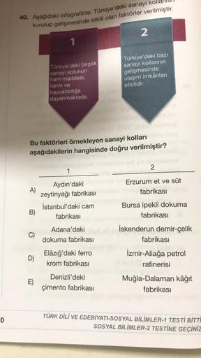 40. Aşağıdaki infografikte, Türkiye'deki sanayil
kurulup gelişmesinde etkili olan faktörler verilmiştir.
2
1
Türkiye'deki birçok
sanayi kolunun
ham maddesi,
tarım ve
hayvancılığa
dayanmaktadır.
Türkiye'deki bazı
sanayi kollarının
gelişmesinde
ulaşım imkânları
etkilidir.
Bu faktörleri örnekleyen sanayi kolları
aşağıdakilerin hangisinde doğru verilmiştir?
2
1
A)
Aydın'daki
zeytinyağı fabrikası
Erzurum et ve süt
fabrikası
B)
İstanbul'daki cam
fabrikası
Bursa ipekli dokuma
fabrikası
C)
Adana'daki
dokuma fabrikası
İskenderun demir-çelik
fabrikası
D)
Elâzığ'daki ferro
krom fabrikasi
İzmir-Aliağa petrol
rafinerisi
E)
Denizli'deki
çimento fabrikası
Muğla-Dalaman kâğıt
fabrikası
O
TÜRK DİLİ VE EDEBİYATI-SOSYAL BİLİMLER-1 TESTİ BİTTİ
SOSYAL BİLİMLER-2 TESTİNE GEÇİNİZ