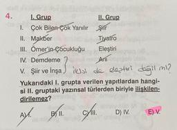 -
4. I. Grup
II. Grup
1. Çok Bilen çok Yanılır şiir
II. Makber
Tiyatro
III. Ömer'in Çocukluğu Eleştiri
IV. Demdeme
V. Şiir ve İnşa ilul de desturi değil mi?
Yukarıdaki I. grupta verilen yapıtlardan hangi-
si II. gruptaki yazınsal türlerden biriyle ilişkilen-
dirilemez?
AL.
B II. CVIII D) IV. E) V.
?
Anl
.
