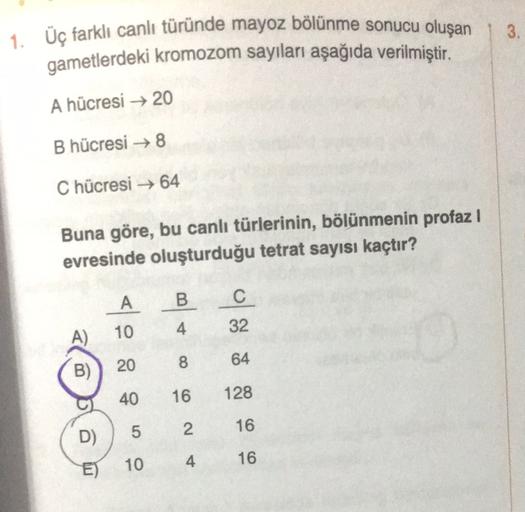 3.
1. Üç farklı canlı türünde mayoz bölünme sonucu oluşan
gametlerdeki kromozom sayıları aşağıda verilmiştir.
A hücresi → 20
B hücresi →8
Chücresi →64
Buna göre, bu canlı türlerinin, bölünmenin profaz !
evresinde oluşturduğu tetrat sayısı kaçtır?
A
B
C
10
