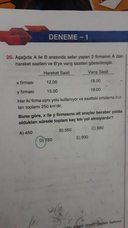 DENEME-1
26. Aşağıda A ile B arasında sefer yapan 2 firmanın A dan
hareket saatleri ve B'ye varış saatleri gösterilmiştir.
Hareket Saati
Varış Saati
12.00
18.00
x firması
15.00
19.00
y firmasi
Her iki firma aynı yolu kullanıyor ve saatteki ortalama hiz-
ları toplamı 250 km'dir.
Buna göre, x ile y firmasına ait araçlar beraber yolda
y
oldukları sürede toplam kaç km yol almışlardır?
C) 680
B) 550
A) 450
E) 900
D) 750
il'in ikiserli ikişerli yaşlan farkının
