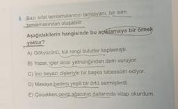 5. Bazı sifat tamlamalarının tamlayanı, bir isim
tamlamasından oluşabilir.
Aşağıdakilerin hangisinde bu açıklamaya bir örnek
yoktur?
A) Gökyüzünü, kül rengi bulutlar kaplamıştı.
B) Yazar, içler acısı yalnızlığından dem vuruyor.
C) Inci beyazı dişleriyle bir başka tebessüm ediyor.
D) Masaya badem yeşili bir örtü sermişlerdi.
E) Çocukken ceviz ağacının
dallarında kitap okurdum.
