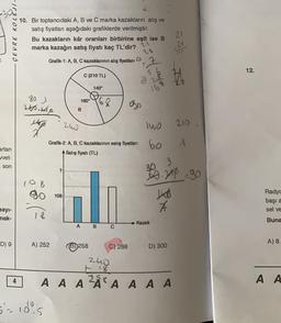 ÇEVRE KOLEJI
10. Bir toptancıdaki A, B ve C marka kazakların alış ve
satış fiyatları aşağıdaki grafiklerde verilmiştir.
Bu kazakların kâr oranları birbirine eşit ise B
marka kazağın satış fiyatı kaç TL'dir?
21
2 %
19
Grafik-1: A, B, C kazaklarının alış fiyatları
12.
C (210 TL)
Do
140°
160°
80 3
160.240
go
B
zw
mo
210 i
Grafik-2: A, B, C kazaklarının satış fiyatları
60
artan
vvet-
Satış fiyatı (TL)
3
son
30
?
80.210 -90
108
go
108
Lab
À
Radyc
başı a
sel ve
Bayi-
mak-
Buna
Kazak
A B
C
D) 9
A) 8.
A) 252
(B)258
C) 288
D) 300
240
18
258
A A A A A A A A
4
A A
5= 10,5
