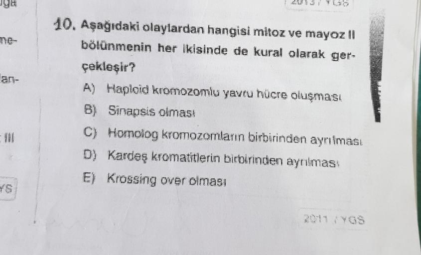 me
10. Aşağıdaki olaylardan hangisi mitoz ve mayozil
bölünmenin her ikisinde de kural olarak ger-
çekleşir?
A) Haploid kromozomlu yavru hücre oluşması
B) Sinapsis olması
C) Homolog kromozomların birbirinden ayrılması
D) Kardeş kromatitlerin birbirinden ayn