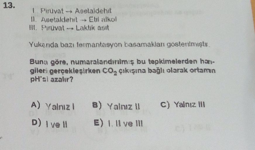 13.
1 Piruvat - Acetaldehit
11. Asetaldehit Eli alkol
ht. Piruvat Laklik asit
Yukenda bazı fermantasyon basamaklar gostenlmıştu.
Buna göre, numaralandırılmiş bu tepkimelerden han-
gileri gerçekleşirken CO, çıkışına bağlı olarak ortamn
pH'si azalır?
A) Yaln