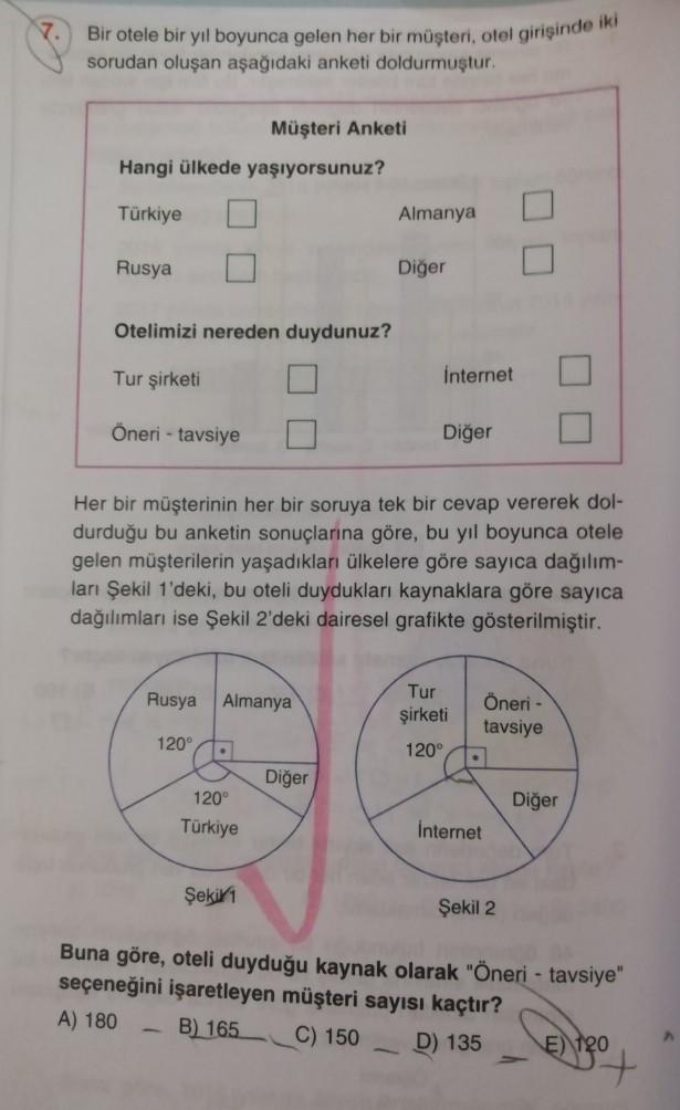 Bir otele bir yıl boyunca gelen her bir müşteri, otel girişinde iki
sorudan oluşan aşağıdaki anketi doldurmuştur.
Müşteri Anketi
Hangi ülkede yaşıyorsunuz?
Türkiye
Almanya
Rusya
Diger
Otelimizi nereden duydunuz?
Tur şirketi
Internet
Öneri - tavsiye
Diğer
H