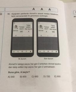 A A A
G
9
18. Aşağıdaki şekillerde Ahmet'in sosyal medya hesabının
farklı zamanlardaki iki görüntüsü verilmiştir.
20.
Takip
Takipçi edilen
• sayısı kişi sayısı
Ahmet
360
A
Takip
Takipçi edilen
sayısı kişi sayısı
Ahmet
A
960
>
o
ilk durum
Son durum
Ahmet'in takipçi sayısı her gün 3 artarken Ahmet tarafın-
dan takip edilen kişi sayısı her gün 2 artmaktadır.
Buna göre, A kaçtır?
A) 540 B) 600
C) 660
D) 720
E) 800
