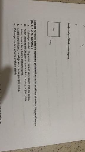 9-
Aşağıdaki grafikleri tamamlayınız.
Hea)
I CHA(0)
Serbest hareketli pistonla kapatılmış şekildeki kaba sabit sıcaklıkta bir miktar CH4 gazı ekleniyor.
(H= 1, C =12) (10 PUAN)
a. Kabın içerisindeki H2 gazının zamana karşı hacim grafiğini çiziniz.
b. Kabın