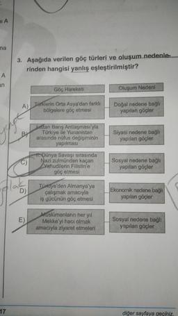 IA
na
3. Aşağıda verilen göç türleri ve oluşum nedenle
rinden hangisi yanlış eşleştirilmiştir?
A
an
Göç Hareketi
Oluşum Nedeni
A)
Türklerin Orta Asya'dan farklı
bölgelere göç etmesi
Doğal nedene bağlı
yapılan göçler
BH
Lazan Banş Antlaşması'yla
Türkiye ile Yunanistan
arasında nüfus değişiminin
yapılması
Siyasi nedene bağlı
yapılan göçler
C)
tt. Dünya Savaşı sırasında
Nazi zulmünden kaçan
Yahudilerin Filistin'e
göç etmesi
Sosyal nedene bağlı
yapılan göçler
flagg
Türkiye'den Almanya'ya
çalışmak amacıyla
iş gücünün göç etmesi
Ekonomik nedene bağlı
yapılan göçler
E)
Muslümanların her yıl
Mekke'yi hacı olmak
amacıyla ziyaret etmeleri
Sosyal nedene bağl:
yapılan göçler
17
diğer sayfaya geçiniz.
