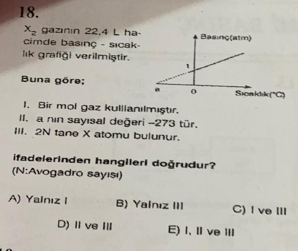 18.
Xa gazının 22.4 L ha-
cimde basınç Sicak-
lik grafiği verilmiştir.
Basınçfatm)
1
Buna göre;
0
Siekiak/C)
1. Bir mol gaz kulllanılmıştır.
ll. a nin sayısal değeri --273 tür.
III. 2N tane X atomu bulunur.
ifadelerinden hangileri doğrudur?
(N:Avogadro say