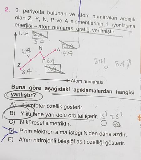 2. 3. periyotta bulunan ve atom numaraları ardışık
olan Z, Y, N, P ve A elernentlerinin 1. iyonlaşma
enerjisi – atom numarası grafiği verilmiştir.
1.1.E A
S
N
A
UA
Y
IA
P 6A
16A
3AI SAP
SA
Atom numarası
Buna göre aşağıdaki açıklamalardan hangisi
yanlıştır?