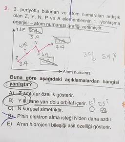 2. 3. periyotta bulunan ve atom numaraları ardışık
olan Z, Y, N, P ve A elernentlerinin 1. iyonlaşma
enerjisi – atom numarası grafiği verilmiştir.
1.1.E A
S
N
A
UA
Y
IA
P 6A
16A
3AI SAP
SA
Atom numarası
Buna göre aşağıdaki açıklamalardan hangisi
yanlıştır?
A Zamfoter özellik gösterir.
B) Y iki sane yarı dolu orbital içerir. 1s? 25?
.
?
C) N küresel simetriktir.
B) P'nin elektron alma isteği N'den daha azdır.
E) A'nin hidrojenli bileşiği asit özelliği gösterir.
