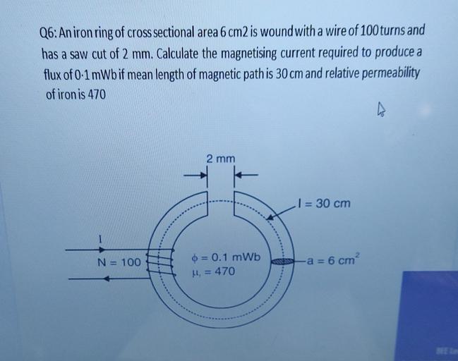 Q6 An iron ring of cross sectional area 6 cm2 is wo... Physics