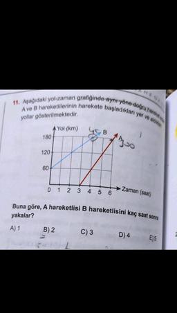 11. Aşağıdaki yol-zaman grafiğinde aynt yöne doğru hate
A ve B hareketlilerinin harekete başladıkları yer ve
yollar gösterilmektedir.
Yol (km)
45 B
180
Azoo
120
60
0 1 2 3 4 5 6
Zaman (saat)
Buna göre, A hareketlisi B hareketlisini kaç saat sonra
yakalar?
A) 1
B) 2
C) 3
D) 4
E) 5