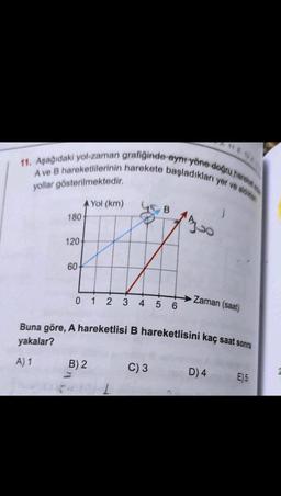 11. Aşağıdaki yol-zaman grafiğinde aynt yöne doğru hate
A ve B hareketlilerinin harekete başladıkları yer ve
yollar gösterilmektedir.
Yol (km)
45 B
180
Azoo
120
60
0 1 2 3 4 5 6
Zaman (saat)
Buna göre, A hareketlisi B hareketlisini kaç saat sonra
yakalar?
A) 1
B) 2
C) 3
D) 4
E) 5
