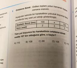 fa
zamana oranıdır.
2.
ya
beklemek
Ortalama Sürat: Gidilen toplam yolun harcanan toplam
Aşağıdaki tabloda bir hareketlinin yolculuk boyunca farklı
süratlerde kaç saat yol aldığı gösterilmiştir.
100
2
3
Bu
sina
X
120
a
Saatteki Sürat (km)
Süre (saat)
akikada
Tüm yol boyunca bu hareketlinin ortalama sürati
saatte 107 km olduğuna göre, x kaçtır?
ta
B) 108
C) 90
D) 105
F
A) 110
E) 115
y
is
be
y
tüm
kaç
