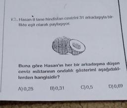 13. Hasan 8 tane hindistan cevizini 31 arkadaşıyla bir-
likte eşit olarak paylaşıyor.
Buna göre Hasan'ın her bir arkadaşına düşen
ceviz mildtarının ondalle gösteriml aşağıdall-
lerden hangisidir?
A) 0,25
B) 0,31
C) 0,5
D) 0,69