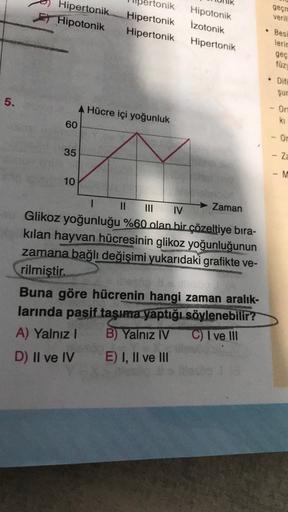 rtonik
Hipertonik
) Hipotonik
geçme
verill
Hipertonik
Hipertonik
Hipotonik
İzotonik
Hipertonik
.
Besi
lerin
geç
füz
Difi
şur
5.
A Hücre içi yoğunluk
On
60
ki
OF
35
1 1 1
- Z
- M
10
I II III IV
Zaman
Glikoz yoğunluğu %60 olan bir çözeltiye bira-
kilan hayva