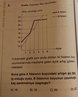 6.
Grafik: Fidanların Boy Uzunlukları
Boy uzunluğu (cm)
A fidani
ITU ETA VAKFI DOĞA
24
B fidani
22
20
18
16
14
12
10
Aylar
1
2 3
4 5 6
Yukarıdaki grafik aynı anda dikilen iki fidanın boy
uzunluklarında meydana gelen aylık artışı göster-
mektedir.
Buna göre A fidanının boyundaki artışın en faz-
la olduğu ayda, B fidanının boyunun uzunluğu
kaç santimetreye ulaşmıştır?
A) 16
B) 18
C) 20
D) 22
