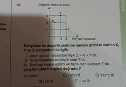 12.
Değerlik elektron sayısı
SİSTEM
3
X
N
ele-
ilen
1
Z
3
1 2 Periyot numarası
Periyotları ve değerlik elektron sayıları grafikte verilen X,
Y ve z elementleri ile ilgili;
1. Atom çapları arasındaki ilişki Z>X> Y'dir.
II. Grup numarası en büyük olan Y'dir.
III. Elektron verme eğilimi en fazla olan element Z'dir.
yargılarından hangileri doğrudur?
A) Yalnız !
B) Yalnız 11 C) Yalnız III
D) I ve III
E) II ve III
