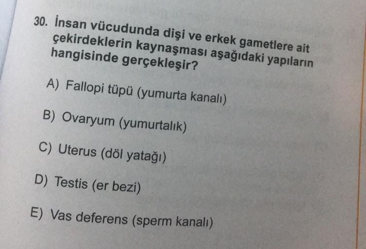 30. İnsan vücudunda dişi ve erkek gametlere ait
çekirdeklerin kaynaşması aşağıdaki yapıların
hangisinde gerçekleşir?
A) Fallopi tüpü (yumurta kanalı)
B) Ovaryum (yumurtalık)
C) Uterus (döl yatağı)
D) Testis (er bezi)
E) Vas deferens (sperm kanalı)
