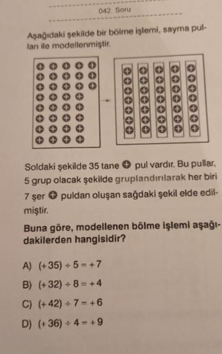 042. Soru
Aşağıdaki şekilde bir bölme işlemi, sayma pul-
lan ile modellenmiştir.
Soldaki şekilde 35 tane pul vardir. Bu pullar,
5 grup olacak şekilde gruplandırılarak her biri
7 şerpuldan oluşan sağdaki şekil elde edil-
miştir.
Buna göre, modellenen bölme 