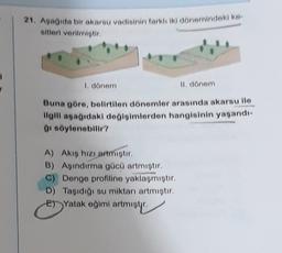 21. Asagida bir akarsu vadisinin farku iki dönemindeki ko
sitleri verilmiştir
1
1. donem
II. dönem
Buna göre, belirtilen dönemler arasında akarsu llo
ilgili aşağıdaki dogisimlerden hangisinin yaşandı-
gi söylenebilir?
A) Akis hızı artmıştır.
B) Aşındırma gücü artmıştır.
C) Denge profiline yaklaşmıştır.
D) Taşıdığı su miktarı artmıştır.
En
E) Yatak egimi artmıstyr.
