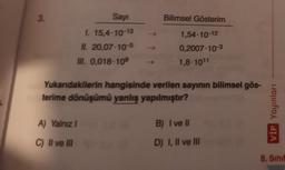 3.
Say
Bilimsel Gösterim
1,54. 10-12
I. 15,4-10-13
II. 20,07-10-5
0,2007-10-3
1,8-1011
III. 0,018-10°
Yukandakilerin hangisinde verilen sayının bilimsel gös-
terime dönüşümü yanlış yapılmıştır?
VIP Yayınları
A) Yalnız 1
B) I ve II
C) II ve III
D) I, II ve III
8. Sini
