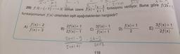 2
1 2-t1
3-
x=B
(x+)
29) f:R-{-1} — R olmak üzere f(x)
fonksiyonu veriliyor. Buna göre f (2x+1)
fonksiyonunun f(x) cinsinden eşiti aşağıdakilerden hangisidir?
X-3
x + 1
A)
f(x)-2
f(x)+3
C)
3f(x) - 1
f(x)+1
D)
f(x)+1
2
2f(x) + 1
B)
2f(x) - 1
2x+1-3
E)
3f(x) + 1
2f(x)
-28-2
2x+2
2x+1+1
116
